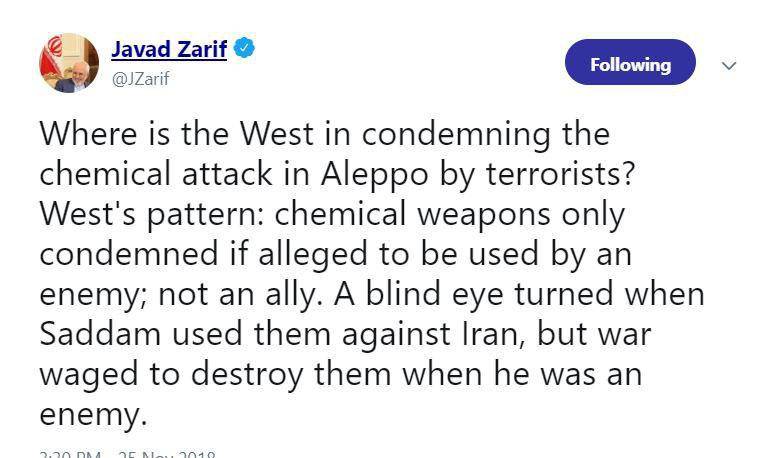 واکنش ظریف به حمله شیمیایی در حلب