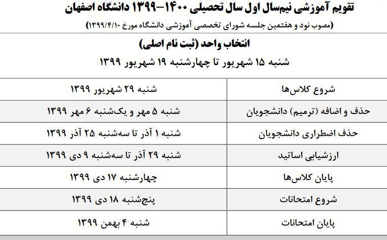 اعلام تقویم آموزشی نیمسال اول دانشگاه اصفهان