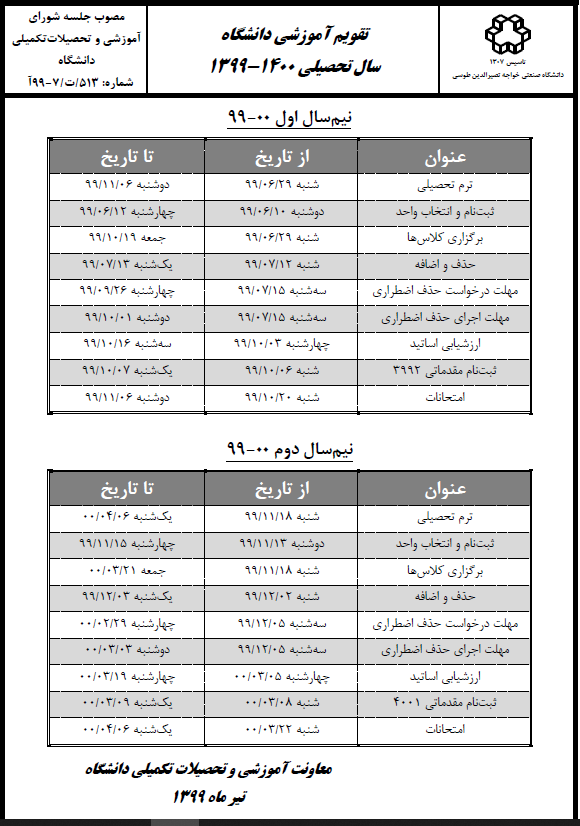 تقویم آموزشی نیمسال اول و دوم دانشگاه خواجه نصیرالدین طوسی
