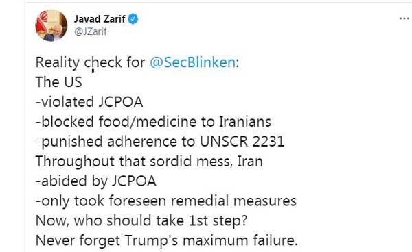 پیام توئیتری ظریف به وزیر خارجه جدید آمریکا
