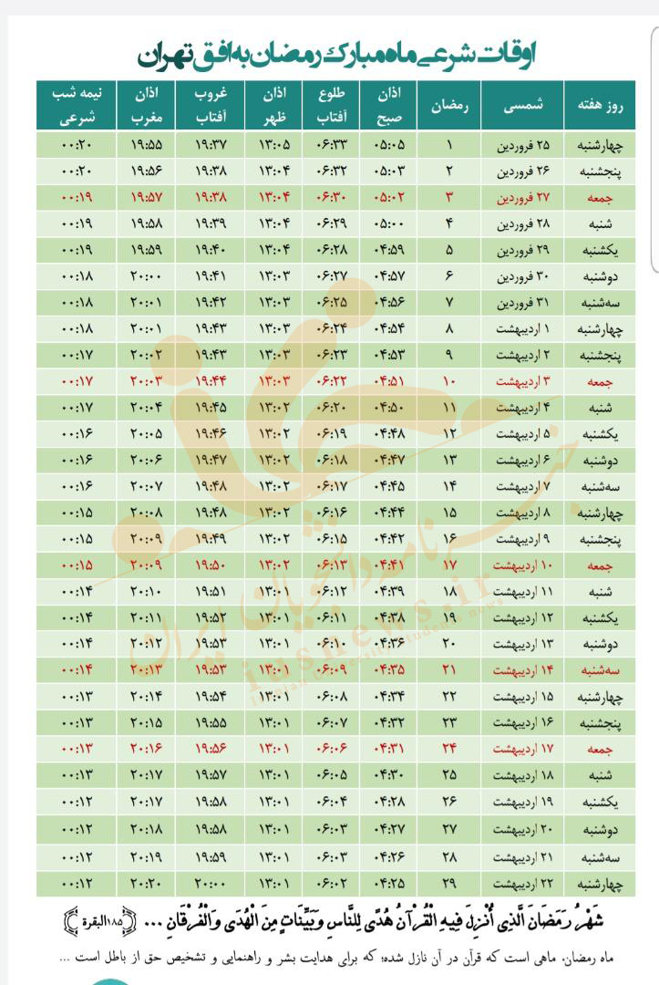 اوقات شرعی ماه رمضان به افق تهران در سال ۱۴۰۰ +جدول